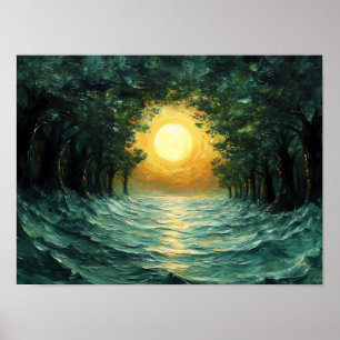 Póster Reflejo del bosque al atardecer – Sol dorado abstr