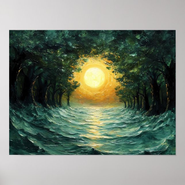 Póster Reflejo del bosque al atardecer – Sol dorado abstr (Frente)