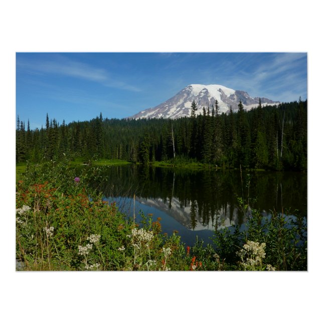 Póster Reflejo del lago del Monte Rainier con flores silv (Anverso)