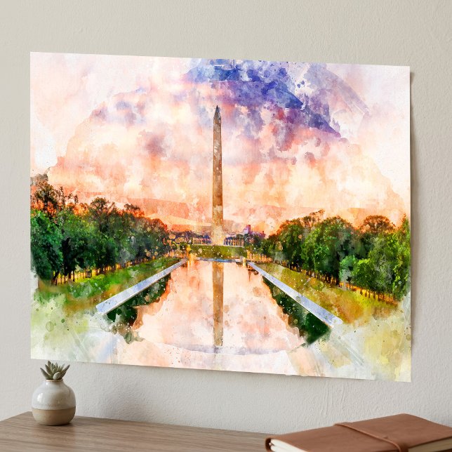 Póster Reflejo del Monumento a Washington en Puesta de So (Washington Monument Watercolor Sunset Reflection. Poster)