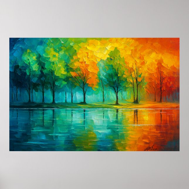 Póster Reflejos cromáticos - Bosque de arcoíris sobre el  (Frente)