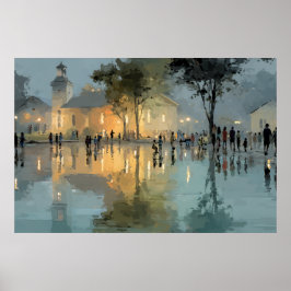 Póster Reflejos de lluvia en la plaza de la iglesia al at