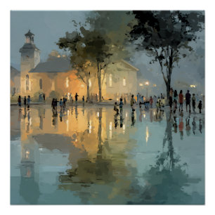 Póster Reflejos de lluvia en la Plaza de la Iglesia por l