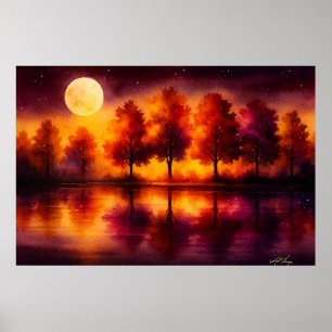Póster Reflejos de otoño bajo la luz de la luna: Bosque n
