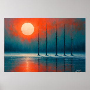 Póster Reflejos del atardecer con árboles desnudos