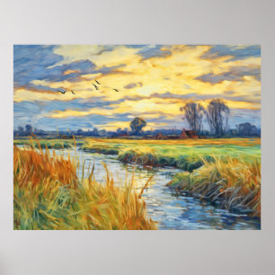 Póster Reflejos del atardecer en el río Havel
