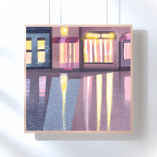 Póster Reflejos Lluviosos Acuarela Contemporánea Lofi