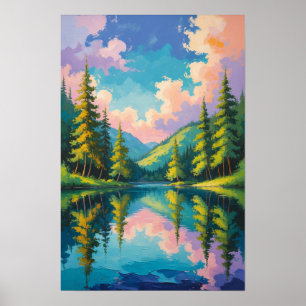 Póster Reflexión del lago de montaña con árboles de pino 