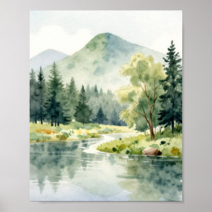 Póster Reflexión serena de la montaña: un suave paisaje a