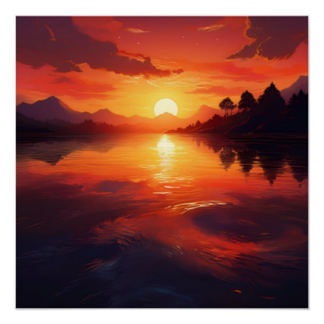 Póster Reflexión sobre el atardecer en las aguas tranquil (Anverso)