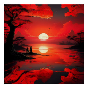 Póster Reflexión sobre el atardecer rojo - Arte natural p