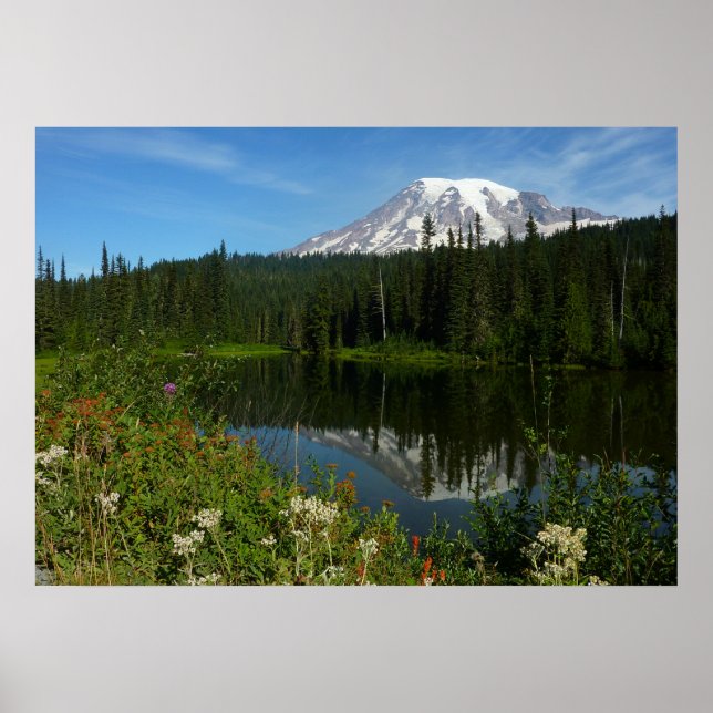 Póster Reflexión sobre el lago Mount Rainier con flores s (Frente)