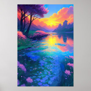 Póster Reflexiones de la Hora Dorada, hermoso lago