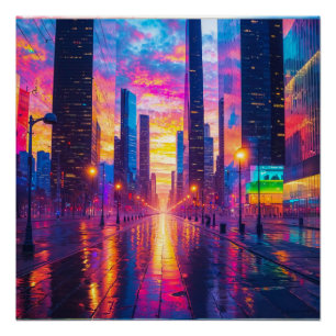 Póster Reflexiones de Neon Cityscape en Sunset Futurista
