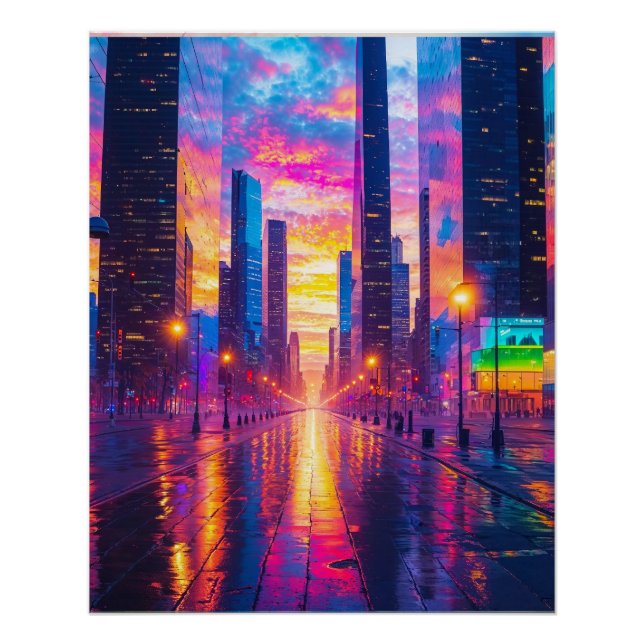 Póster Reflexiones de Neon Cityscape en Sunset Futurista (Anverso)