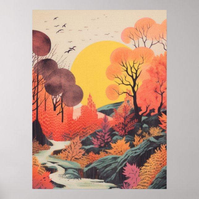 Póster Reflexiones de otoño: Un paisaje sereno del río (Frente)