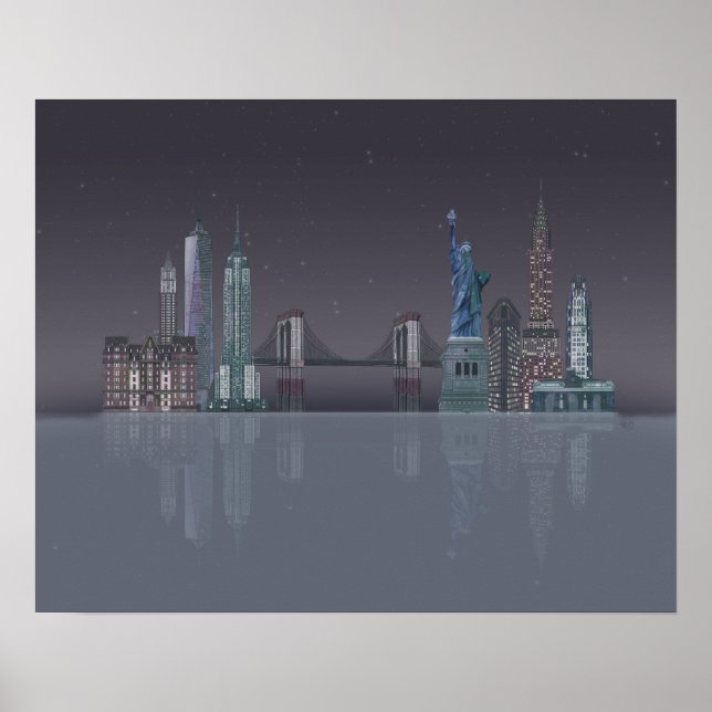 Póster Reflexiones nocturnas de Skyline de Nueva York (Frente)