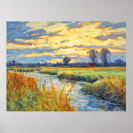 Póster Reflexiones sobre la puesta del sol en el río Have