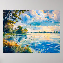 Póster Reflexiones sobre la puesta del sol en la acuarela