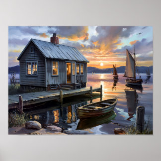Póster Refugio al Atardecer: Cabaña en el Lago
