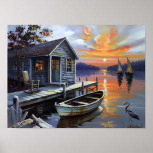 Póster Refugio al Atardecer: Cabaña en el Lago