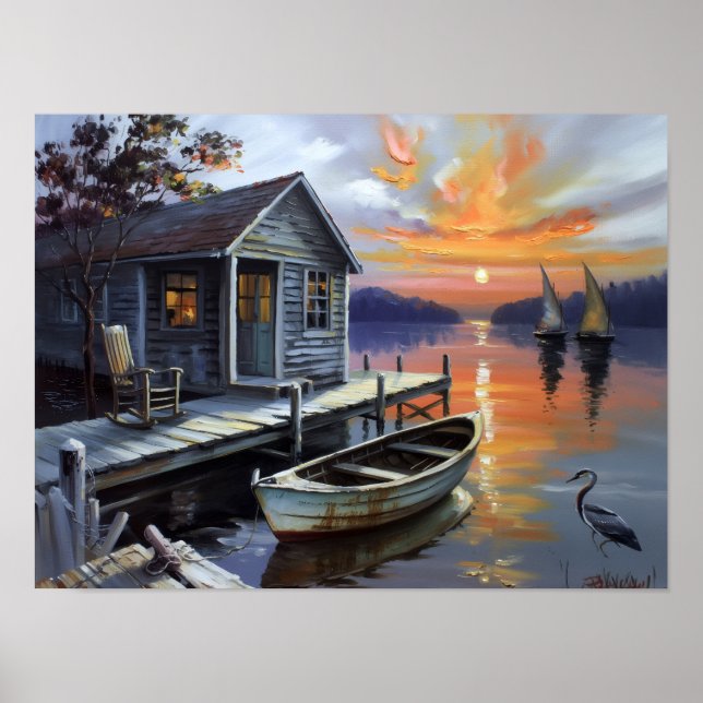 Póster Refugio al Atardecer: Cabaña en el Lago (Frente)