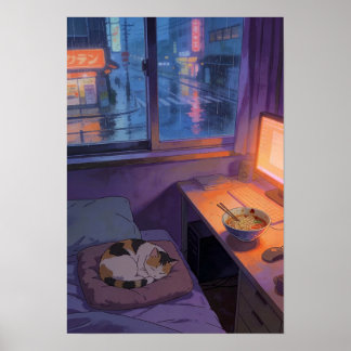 Póster Refugio Anime Acogedor Noche Lluviosa de Ramen