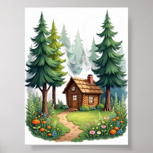 Póster Refugio de naturaleza de flores silvestres cabaña