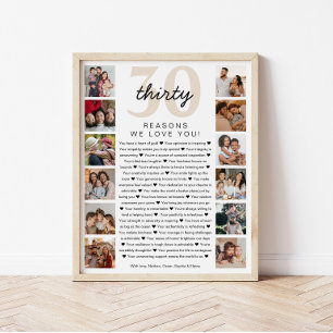 Póster Regalo conmemorativo de cumpleaños 30 razones por 