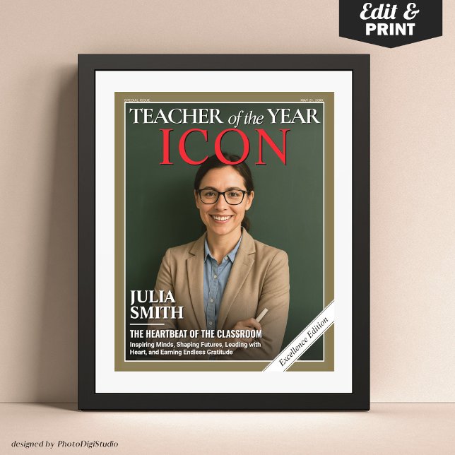 Póster Regalo de agradecimiento del profesor, portada de  (Teacher Appreciation Gift, Best Teacher Ever Custom Magazine Cover Poster)