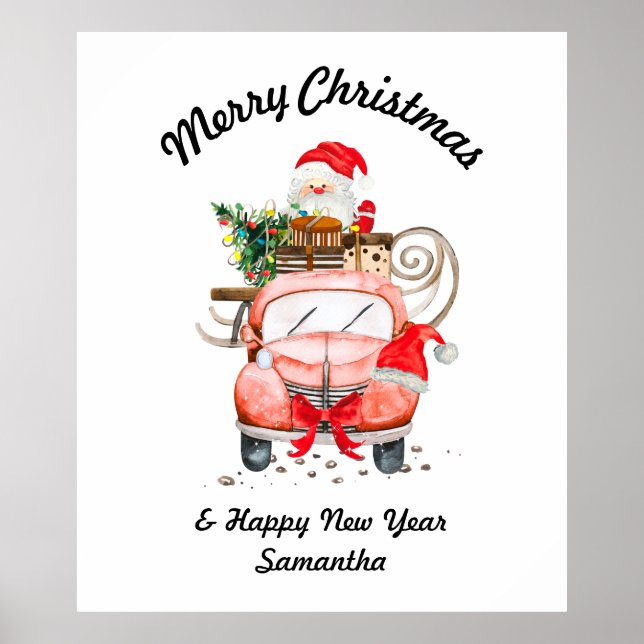 Póster Regalo de coche de Santa acuarela Navidad feliz (Frente)