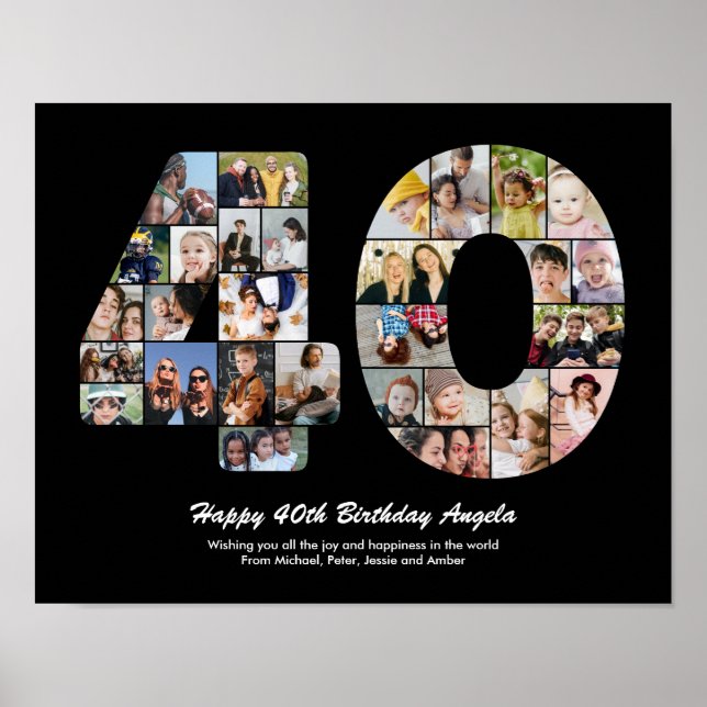 Póster Regalo de Cuarenta Cumpleaños Número 40 Fotocolage (Frente)