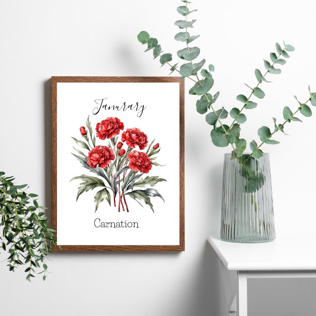 Póster Regalo de cumpleaños de clavel de flor del mes de  (January Red Carnation Birth Month Flower Poster Print Wall Art. Personalize it)
