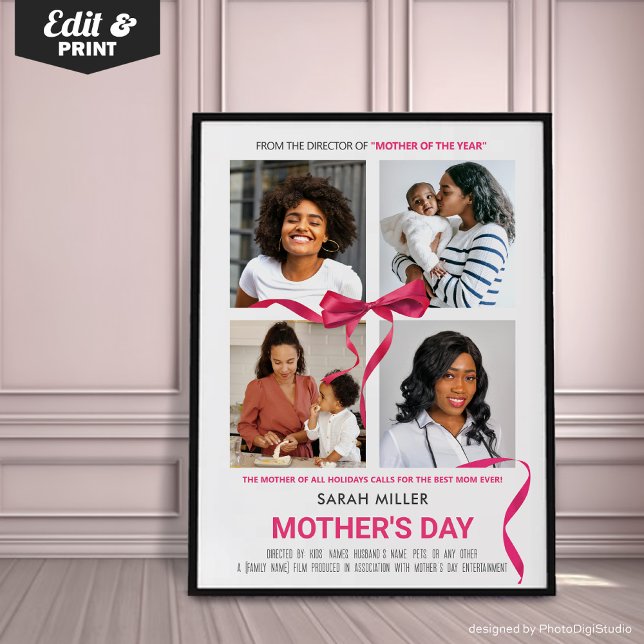 Póster Regalo de Día de la Madre editable de Poster de pe (Personalized Mothers Day Movie Poster Gift, Custom Portrait Print for Mom, Unique Gift for Mom)