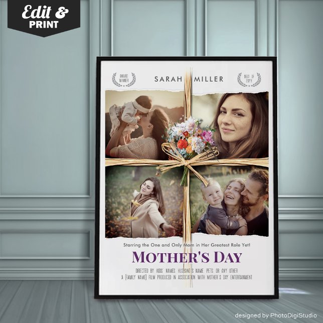 Póster Regalo de Día de la Madre editable de Poster de pe (Personalized Mothers Day Movie Poster Gift, Custom Portrait Print for Mom, Unique Gift for Mom)