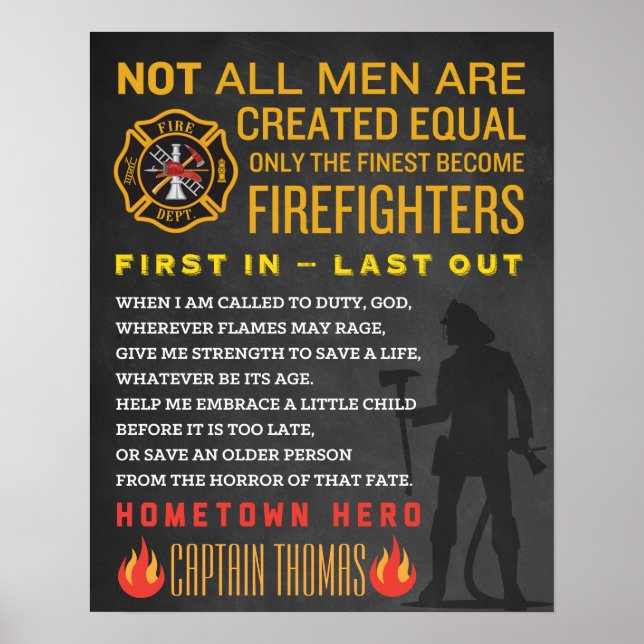Póster Regalo de Fireman Personalizado. Rótulo de bombero (Frente)