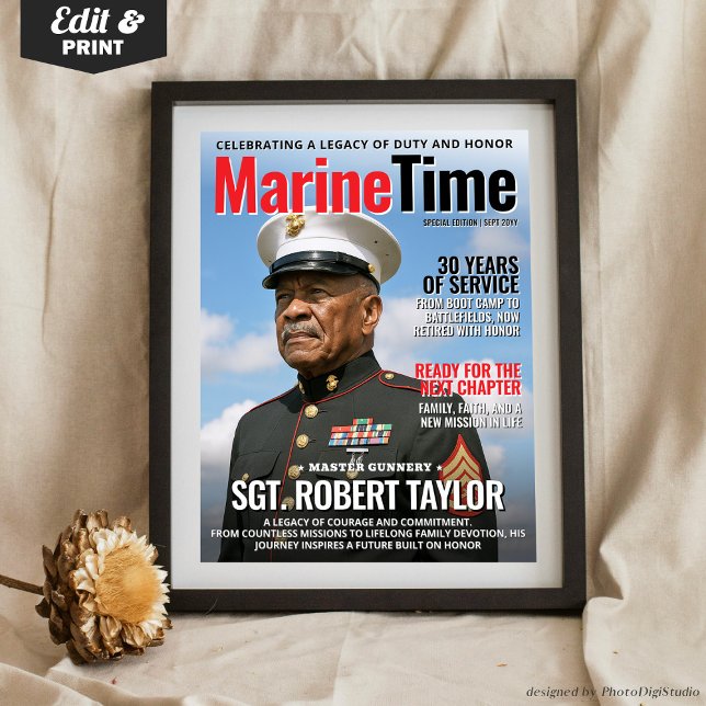 Póster Regalo de la portada de la revista personalizado P (Personalized Marine Retirement Gift, Custom Magazine Cover for Retirement from Marine, Army Dad Gift)