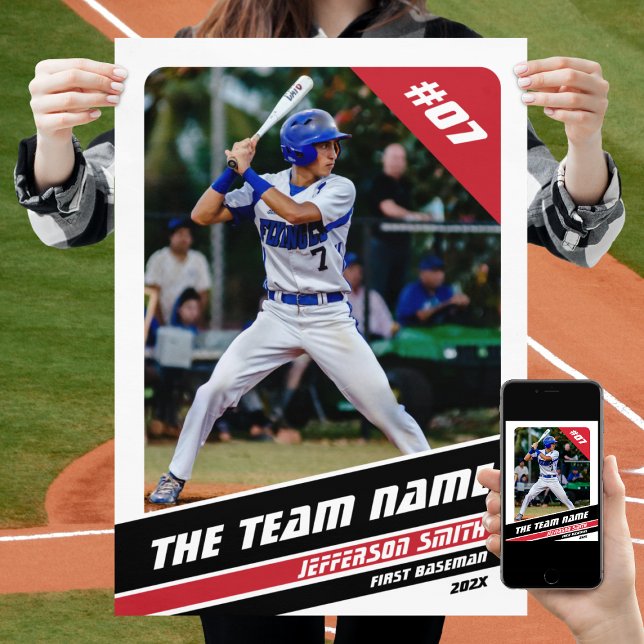 Póster Regalo de Personalizable de jugador de béisbol en  (Baseball Player Poster in White with Custom Team Name and Black Red Stripes)