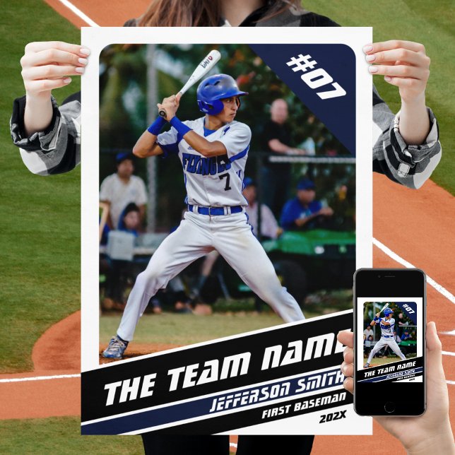 Póster Regalo de Personalizable de jugador de béisbol en  (Baseball Player Poster in White with Custom Team Name and Black Blue Stripes)