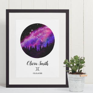 Póster Regalo de signo zodiacal Géminis constelación rosa