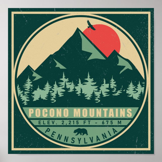 Póster Regalo de souvenirs de venado Poconos PA Retro Sun (Frente)