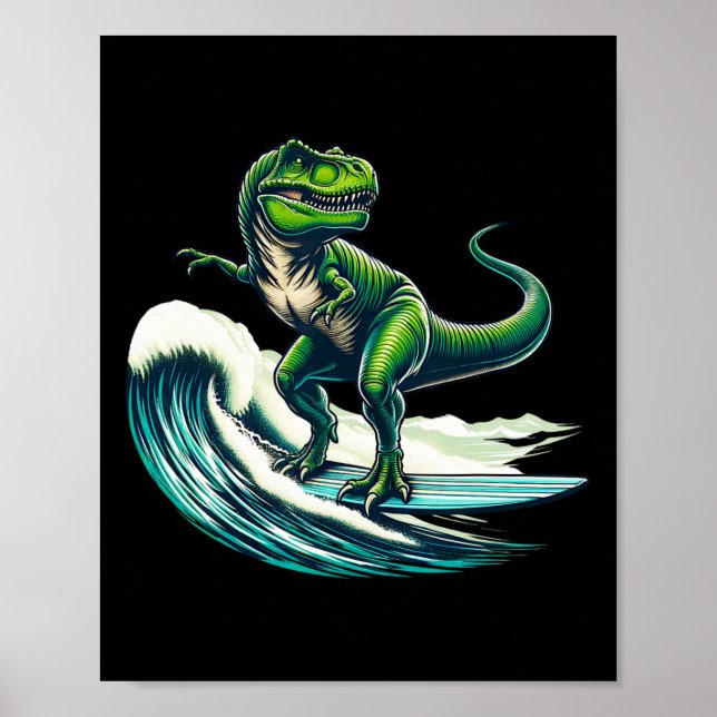 Póster Regalo de T-rex Dinosaurio Surfista Tabla de Surf  (Frente)