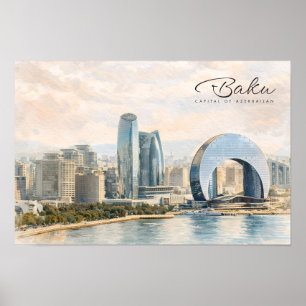 Póster Regalo de viaje acuarela de Bakú capital de Azerba