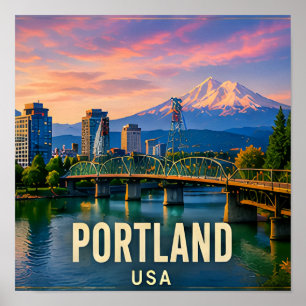 Póster Regalo de viaje de Portland Oregon río montaña