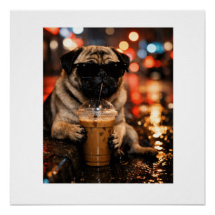 Póster Regalo divertido para amantes de pug que beben caf