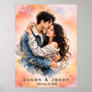 Póster Regalo Personalizado de Foto de Pareja en Acuarela