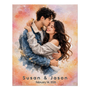 Póster Regalo Personalizado de Foto de Pareja en Acuarela