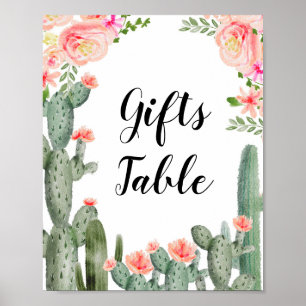 Póster Regalos de cactus de flores rosadas Rótulo de mesa