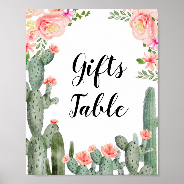 Póster Regalos de cactus de flores rosadas Rótulo de mesa (Frente)