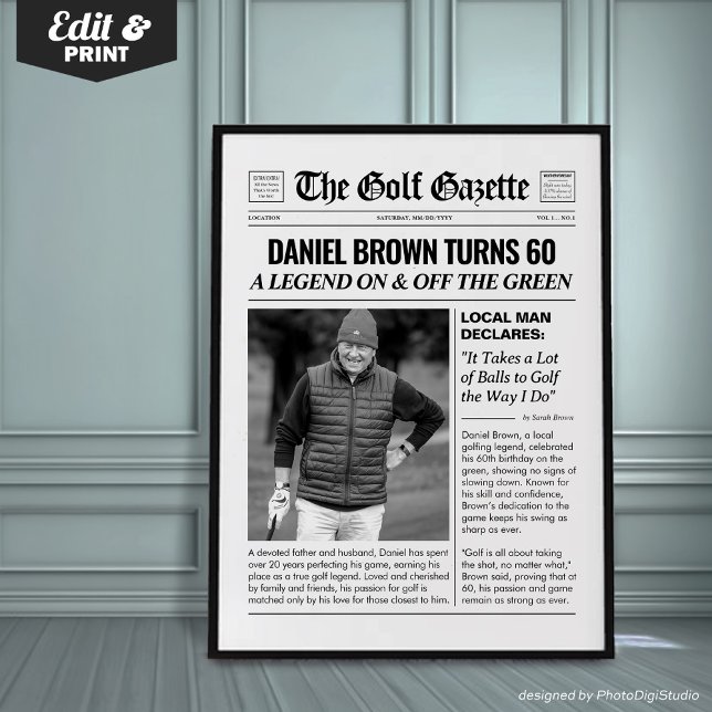 Póster Regalos de golf personalizados, periódico divertid (Personalized Golf Gifts, Fun Golf Newspaper Poster)
